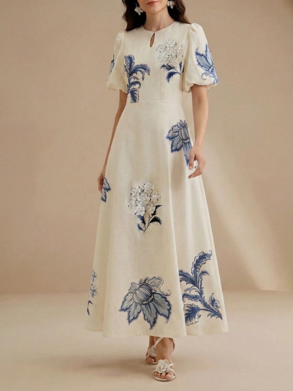 Blue/Cream Elegant Floral Print Puff Sleeve A-Line Dress with 3D Flower Appliqué